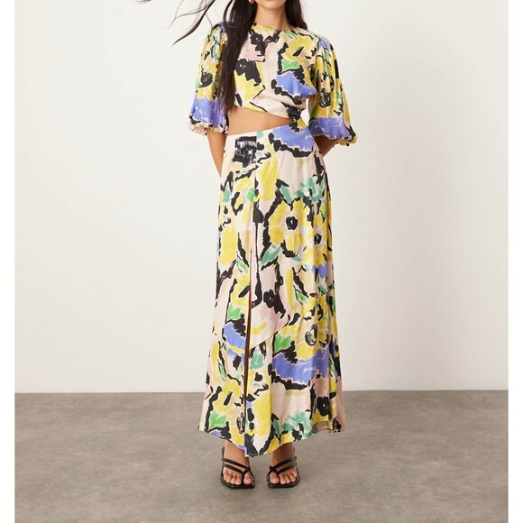 ASOS Edition Womens Blouson Sleeve Cut Out Midi Dress Oversized Floral Print 12 - Picture 1 of 16
